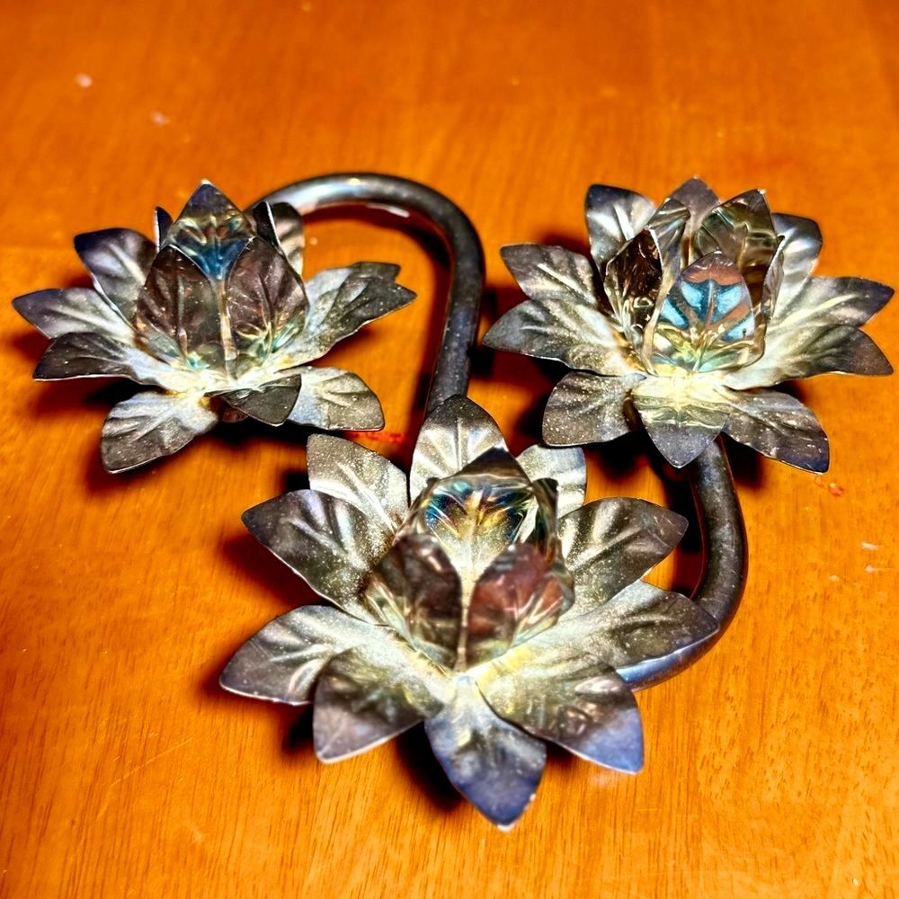 Vintage Silver Plated Lotus Flower Triple Candle Holder 1960s